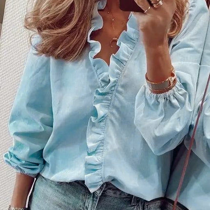 Women's Ruffle Trim V-Neck Blouse with Elastic Cuffs