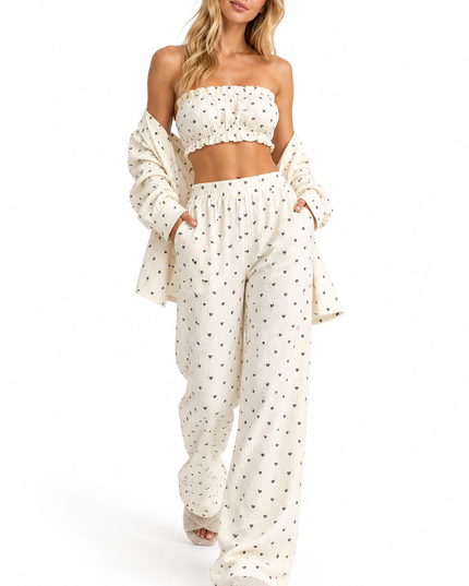 Women's Ruffled Cami Heart Print Lounge Set with Pockets