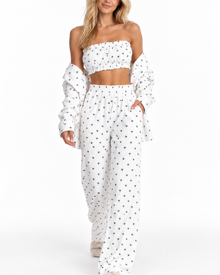 Women's Ruffled Cami Heart Print Lounge Set with Pockets