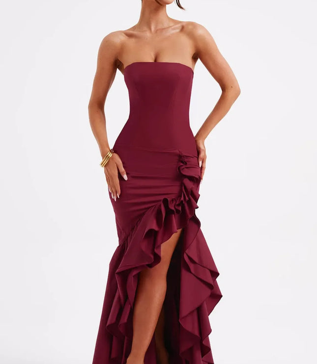 Burgundy strapless ruffled maxi dress with asymmetrical side slit