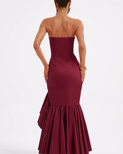 Burgundy strapless maxi dress with layered ruffled hem, back view