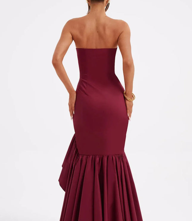 Burgundy strapless maxi dress with layered ruffled hem, back view