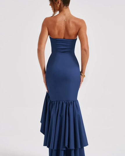 Navy strapless maxi dress with tiered ruffled hem, back view showing slit