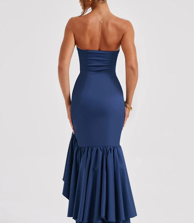 Navy strapless maxi dress with tiered ruffled hem, back view showing slit