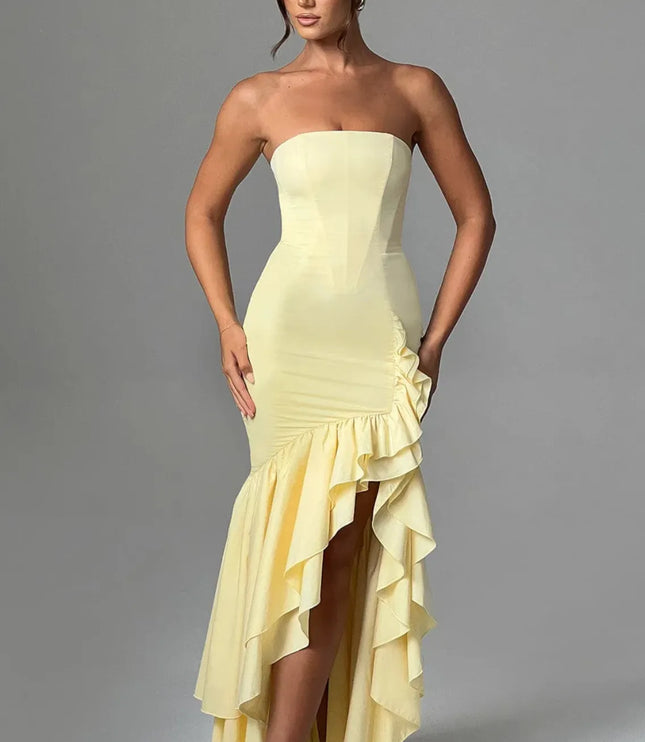 Pale yellow strapless maxi dress with asymmetrical ruffled side slit