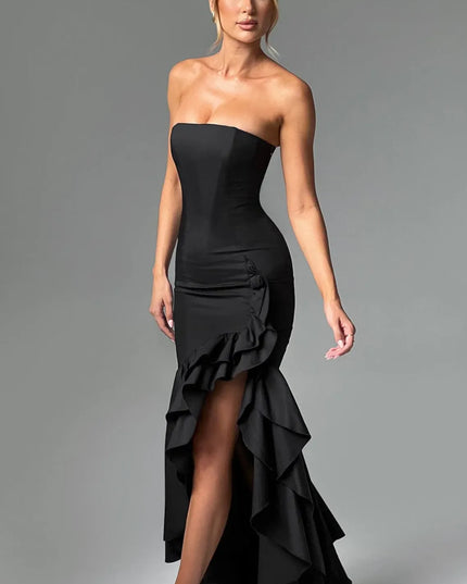 Black strapless ruffled maxi dress with asymmetrical side slit detail