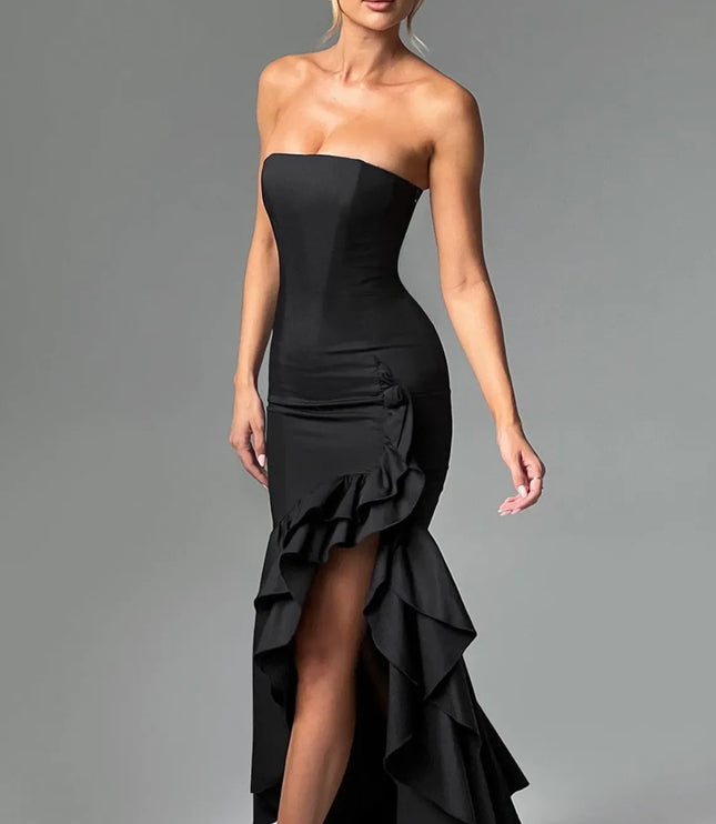 Black strapless ruffled maxi dress with asymmetrical side slit detail