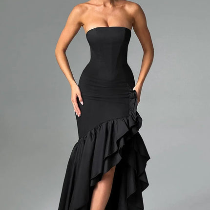 Black strapless maxi dress with ruffled side slit and fitted bodice