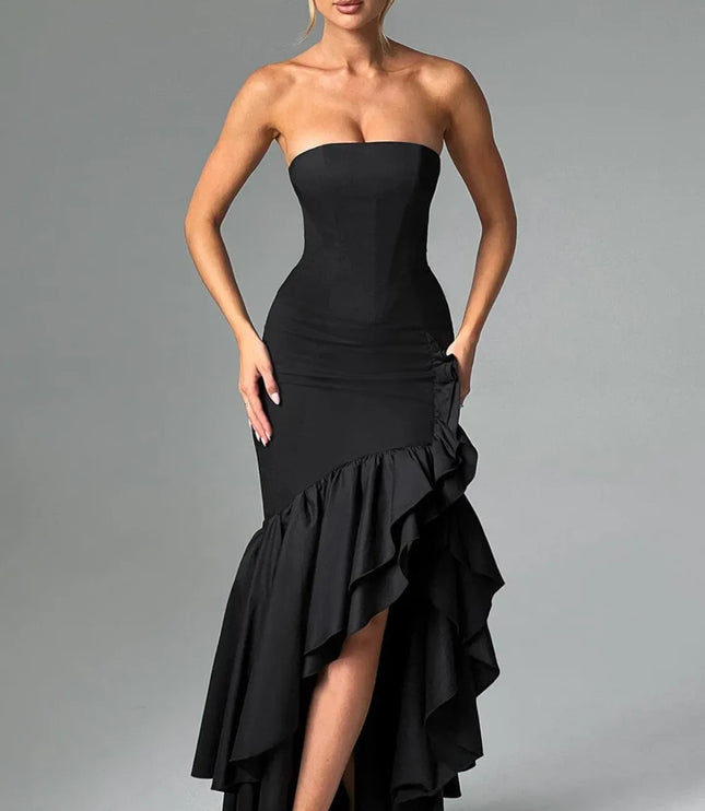 Black strapless maxi dress with ruffled side slit and fitted bodice