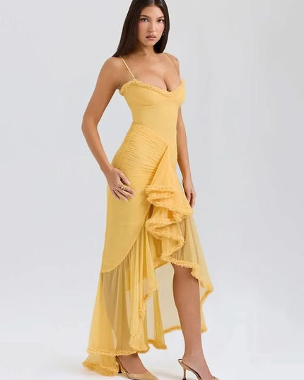 Yellow ruffled sweetheart maxi dress with spaghetti straps and layered sheer skirt