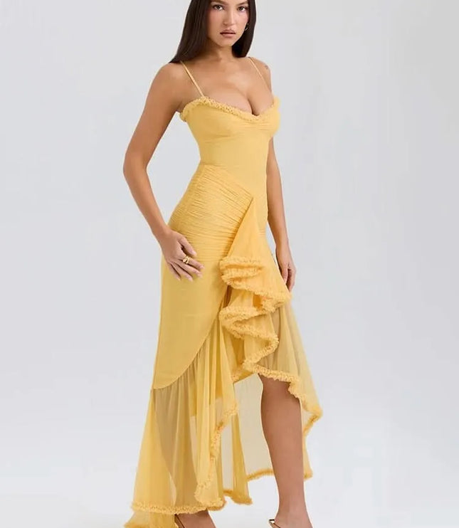 Yellow ruffled sweetheart maxi dress with spaghetti straps and layered sheer skirt