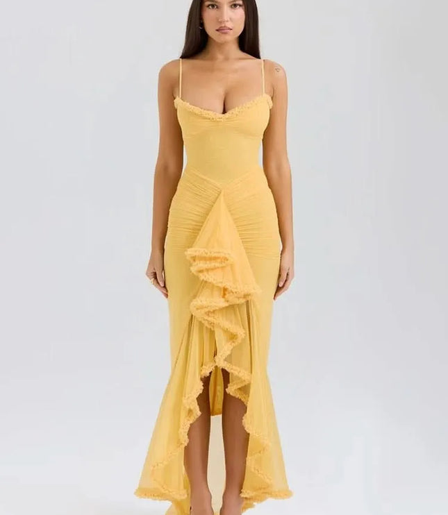 Front view of yellow ruffled sweetheart maxi dress with spaghetti straps and tiered ruffle hem