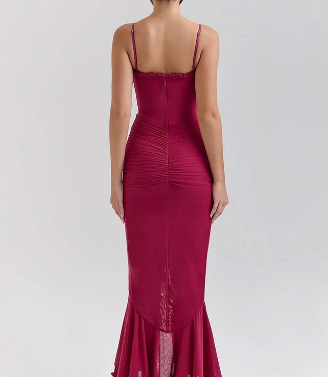 Back view of fuchsia ruffled sweetheart maxi dress with straps and zipper closure