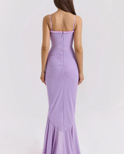 Back view of lavender ruffled sweetheart maxi dress with straps and zipper closure