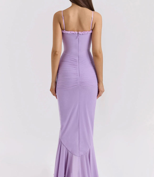 Back view of lavender ruffled sweetheart maxi dress with straps and zipper closure