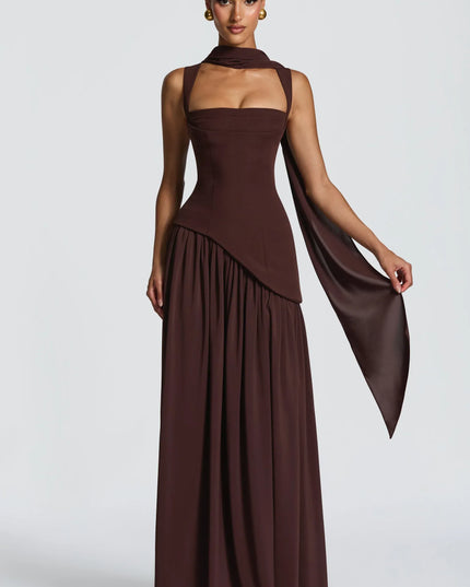 Back view of black maxi formal dress with lace-up corset back and slit skirt