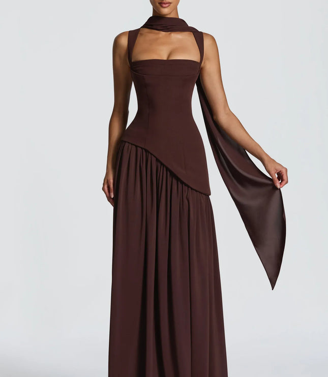 Back view of black maxi formal dress with lace-up corset back and slit skirt