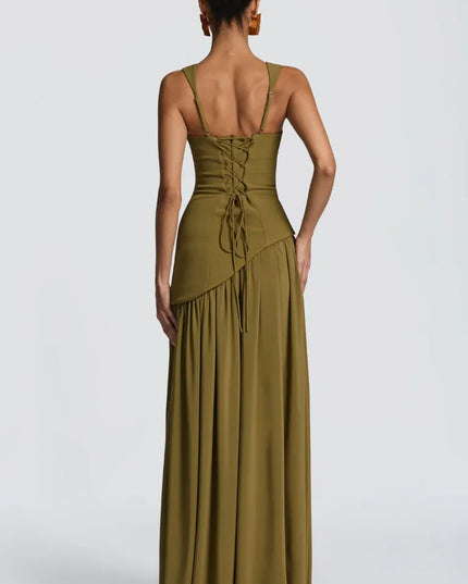 Back view of olive green maxi formal dress with lace-up back and flowing skirt