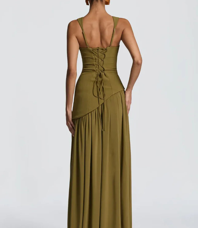 Back view of olive green maxi formal dress with lace-up back and flowing skirt
