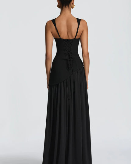 Burgundy maxi formal dress with front slit and matching scarf detail draped at side