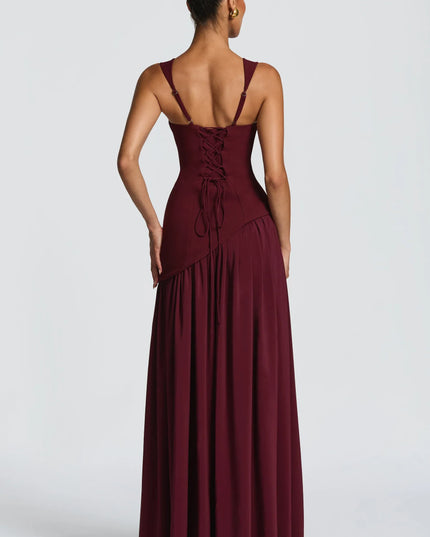 Back view of burgundy maxi formal dress with lace-up back and full-length skirt