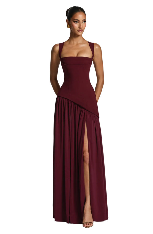 Burgundy maxi formal dress with square neckline, front slit, and draped skirt