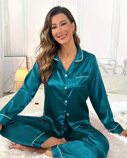 Women's Satin Long Sleeve Pajama Set with Piping Trim
