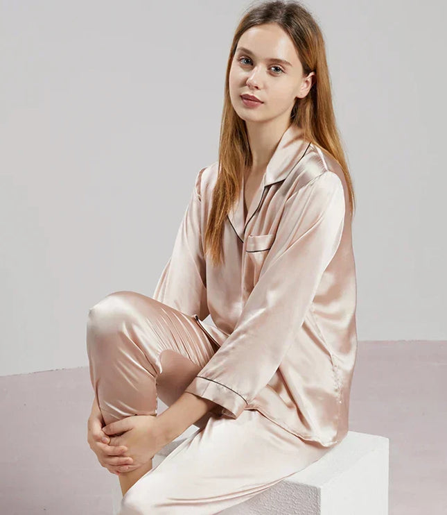 Women's Satin Pajama Set with Contrast Piping