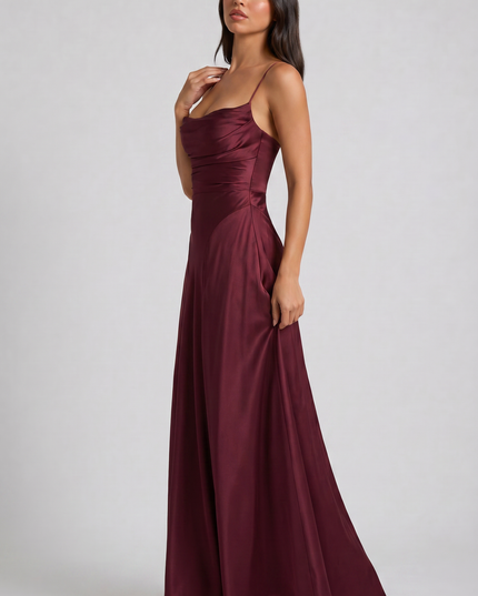 Women's Satin Ruched Maxi Dress Summer Evening Party Gown