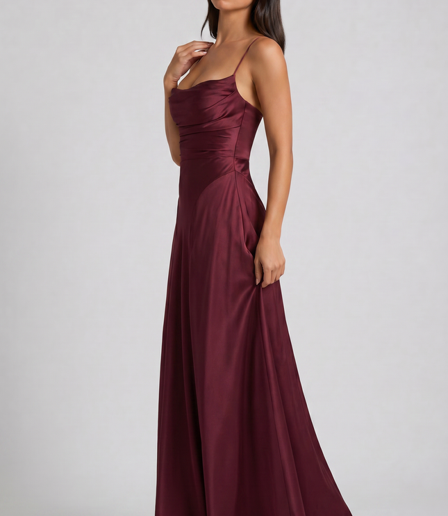 Women's Satin Ruched Maxi Dress Summer Evening Party Gown