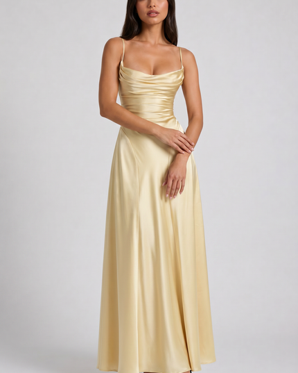 Women's Satin Ruched Maxi Dress Summer Evening Party Gown