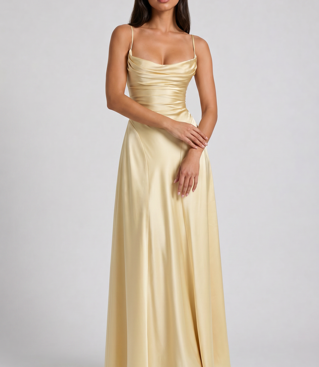 Women's Satin Ruched Maxi Dress Summer Evening Party Gown
