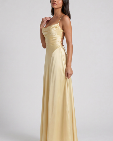 Women's Satin Ruched Maxi Dress Summer Evening Party Gown