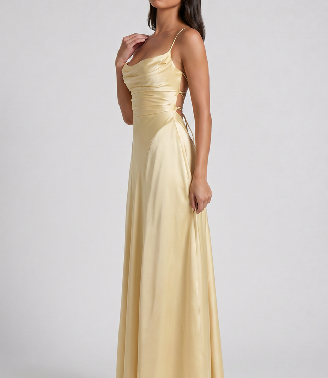 Women's Satin Ruched Maxi Dress Summer Evening Party Gown