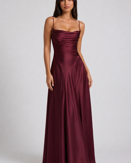 Women's Satin Ruched Maxi Dress Summer Evening Party Gown