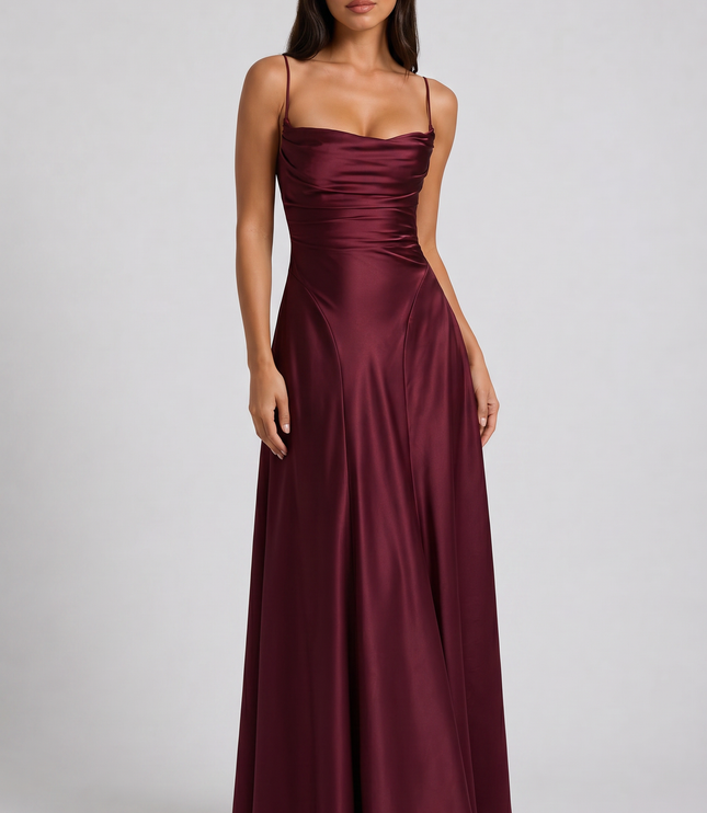 Women's Satin Ruched Maxi Dress Summer Evening Party Gown