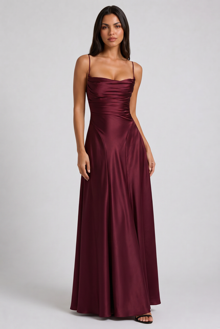 Women's Satin Ruched Maxi Dress Summer Evening Party Gown