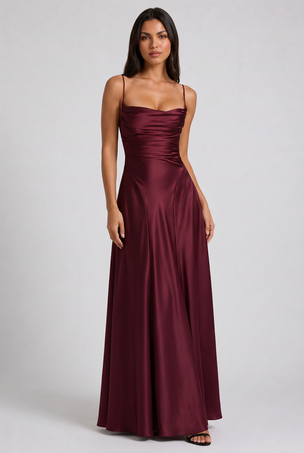 Women's Satin Ruched Maxi Dress Summer Evening Party Gown