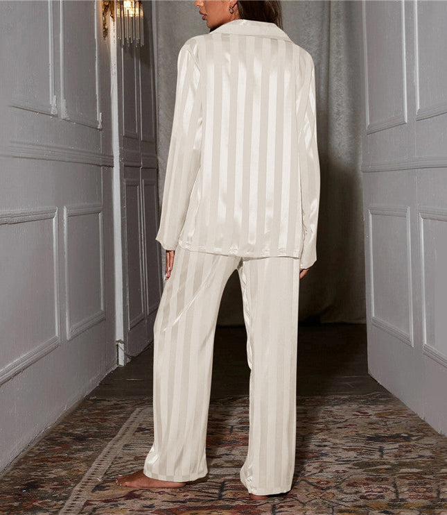 Women's Satin Striped Pajama Set with Notch Collar