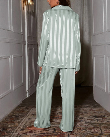 Women's Satin Striped Pajama Set with Notch Collar