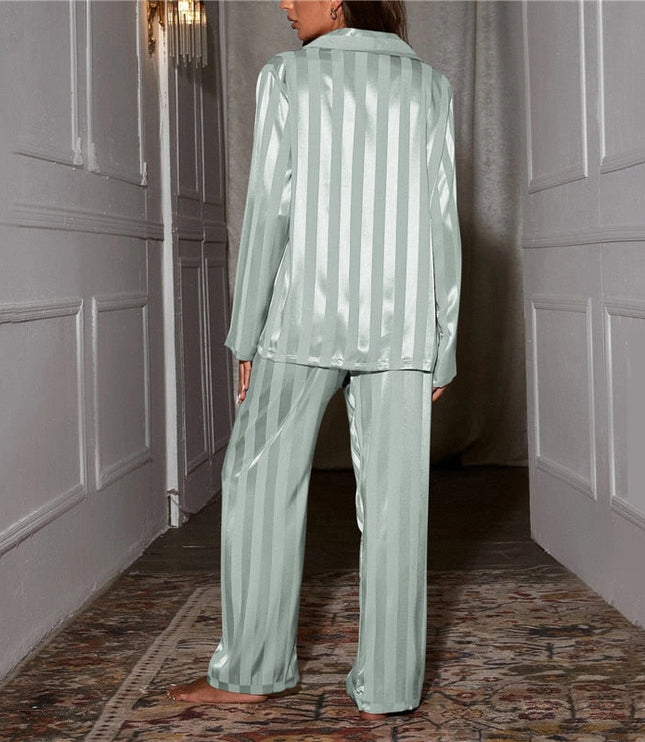 Women's Satin Striped Pajama Set with Notch Collar