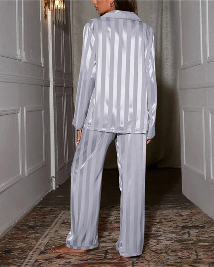 Women's Satin Striped Pajama Set with Notch Collar