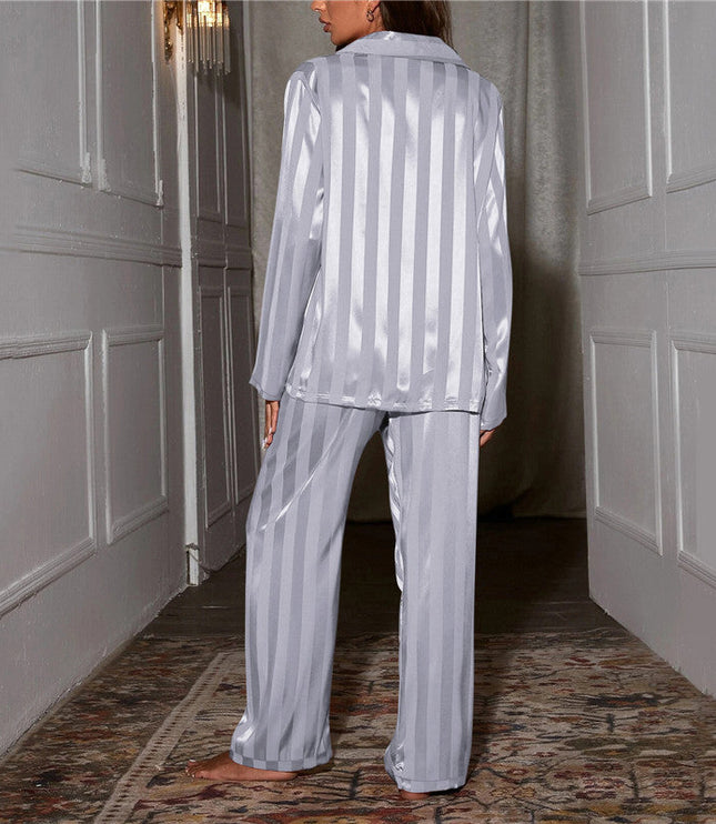 Women's Satin Striped Pajama Set with Notch Collar