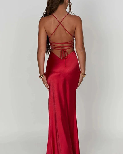 Back view of red satin maxi dress with crisscross straps and open back