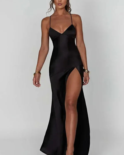 Black satin V neck maxi dress with thin straps and thigh-high slit, front view