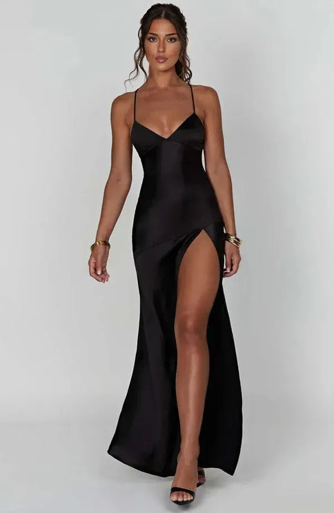 Black satin V neck maxi dress with thin straps and thigh-high slit, front view