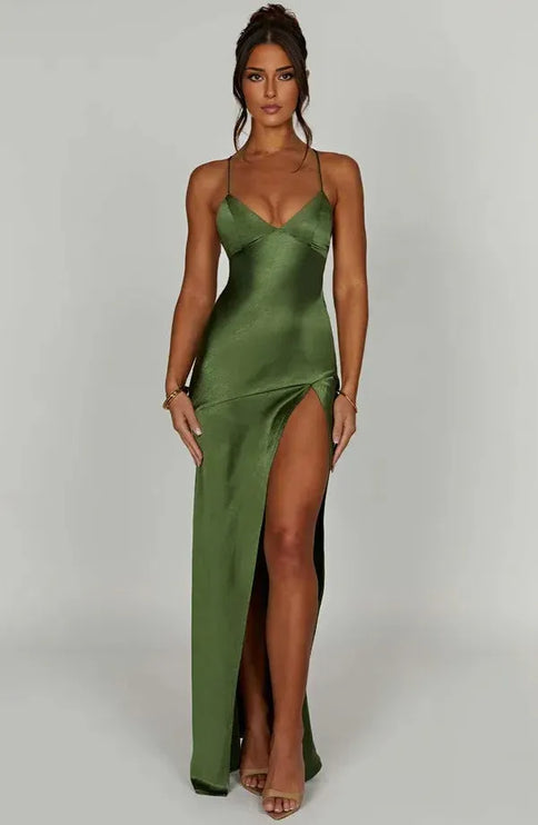 Green satin V neck maxi dress with thin straps and high side slit, front view