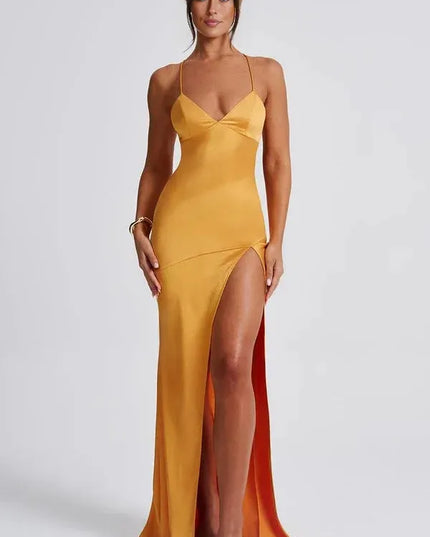 Golden yellow satin V neck maxi dress with thin straps and side slit, front view