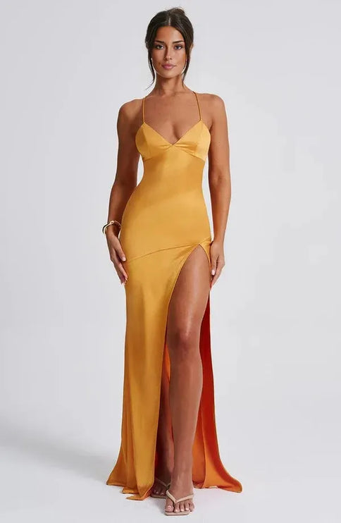 Golden yellow satin V neck maxi dress with thin straps and side slit, front view