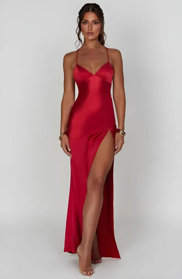 Red satin V neck maxi dress with thin straps and high slit, front view